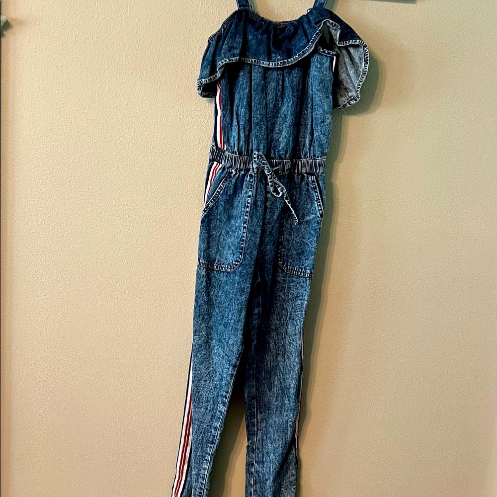 Jumper denim with ruffle and red/white/blue stripe
